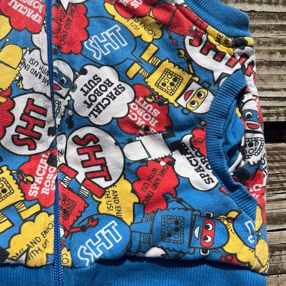 Japanese Robot Print Hooded Vest 2T | Faux Fur Lined Zip Kawaii Cartoon Toddler